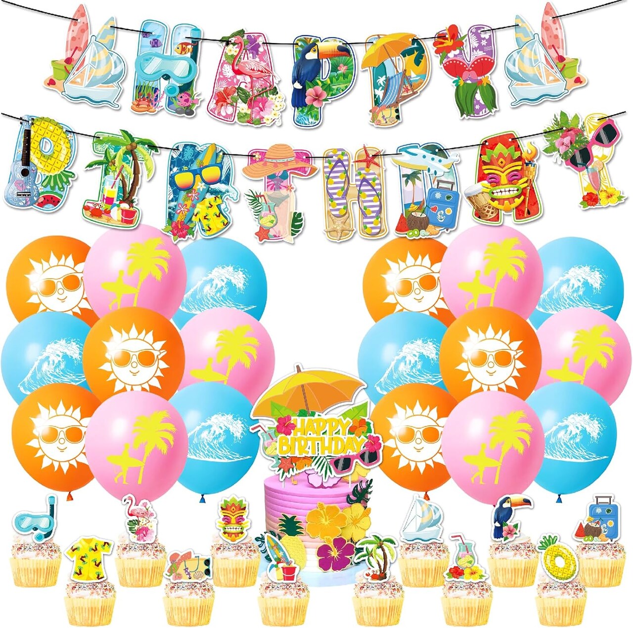 Summer Beach Party Decorations - Banner, Cake Toppers, Balloons
